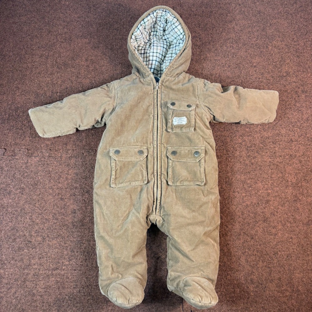 Ralph Lauren Baby Boy Corduroy Hooded Bunting Suit Tan Plaid Lined 6M Snowsuit